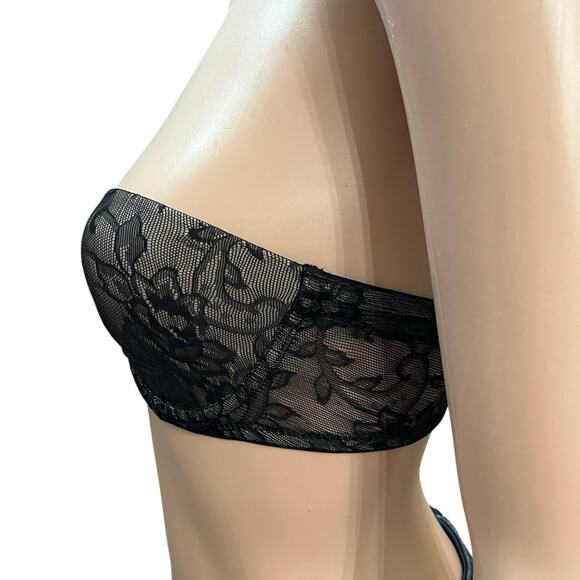 Natori Calais Strapless Bra 32B Lace Underwired Lightly Lined Molded Black Nude - Picture 3 of 10